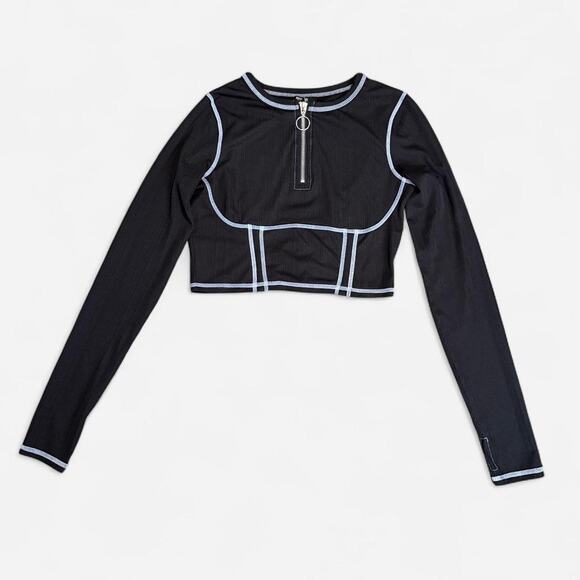 Poster Girl Black & White Contrast Stich Zip Up Long Sleeve Crop Top w Boning S - Picture 7 of 8
